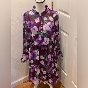 Calvin Klein Dress Size 10 Sheer With Slip NWT  Tie Belt Elastic Waist MSRP $134